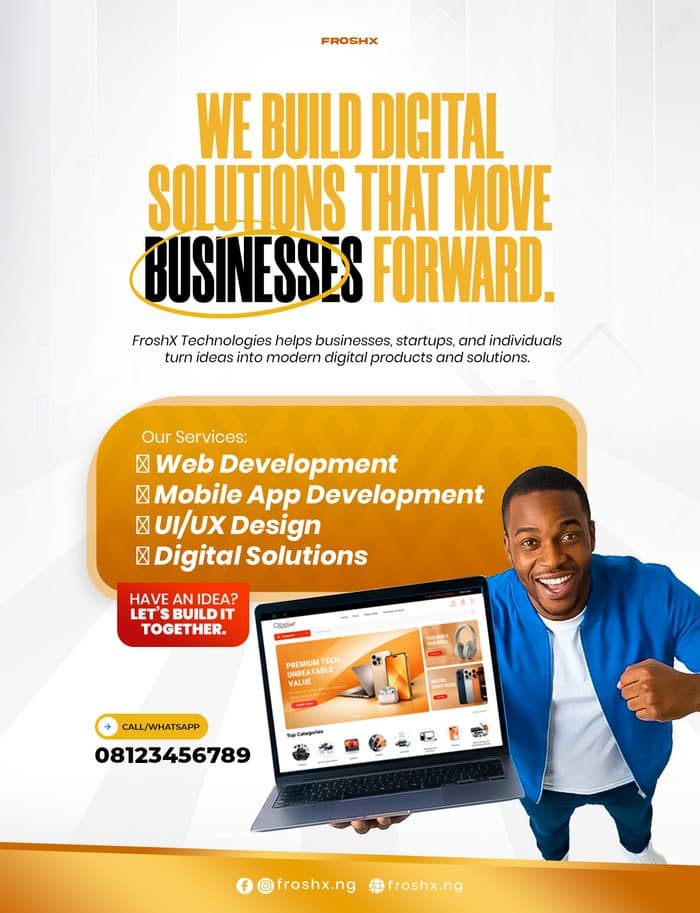 FroshX Technologies promotional flier featuring a client project